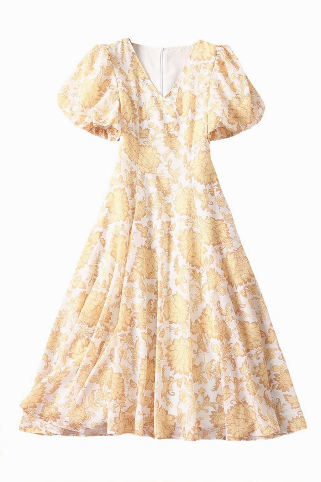 Floral Print V-neck Bubble Sleeve Silk Flared Dress