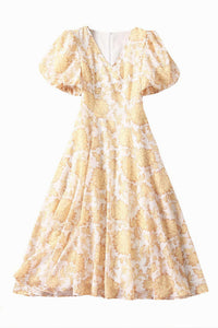 Floral Print V-neck Bubble Sleeve Silk Flared Dress
