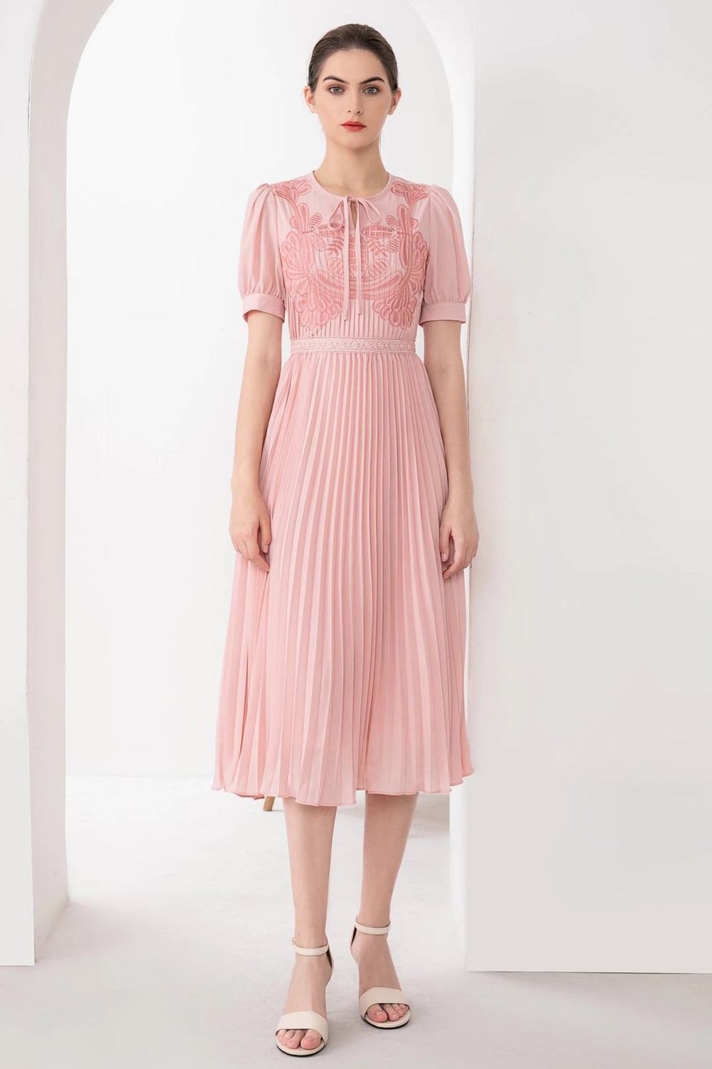green emerald velvet dress Nounelle Pleated Peach Embroidered Dress main image 1