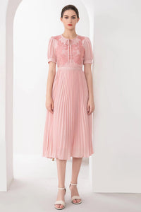 Tie-neck Embroidered Puffy Pleated Midi Dress in Pink