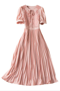 Tie-neck Embroidered Puffy Pleated Midi Dress in Pink