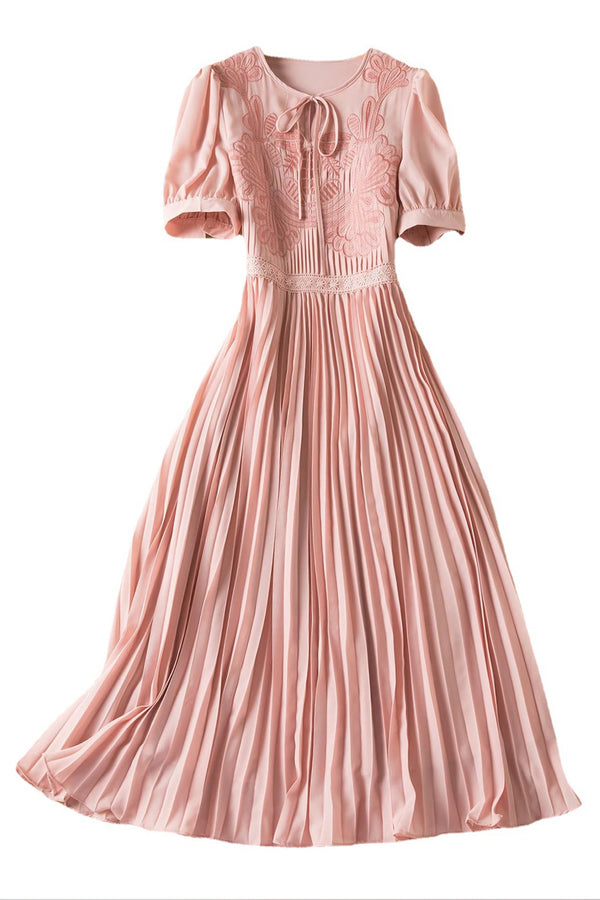 Tie-neck Embroidered Puffy Pleated Midi Dress in Pink