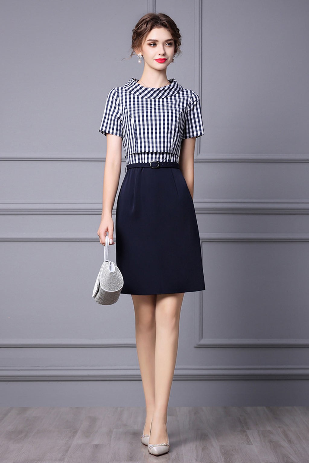 Taylor Inspired Roll Collar Mock Two-piece Gingham Pencil Dress