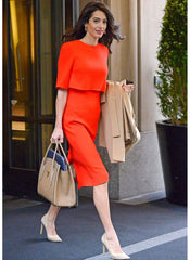 Amal Clooney Inspired Red Cape Effect Pencil Midi Dress