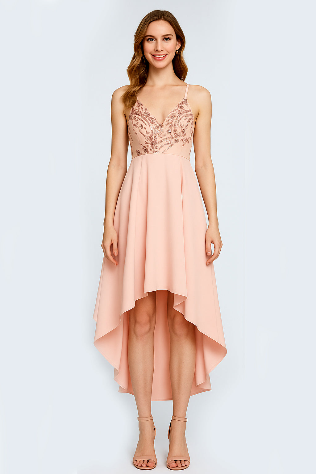 Spaghetti Crisscross Back Strap Sequin Asymmetric Party Dress