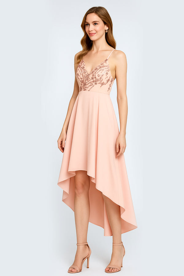 Spaghetti Crisscross Back Strap Sequin Asymmetric Party Dress