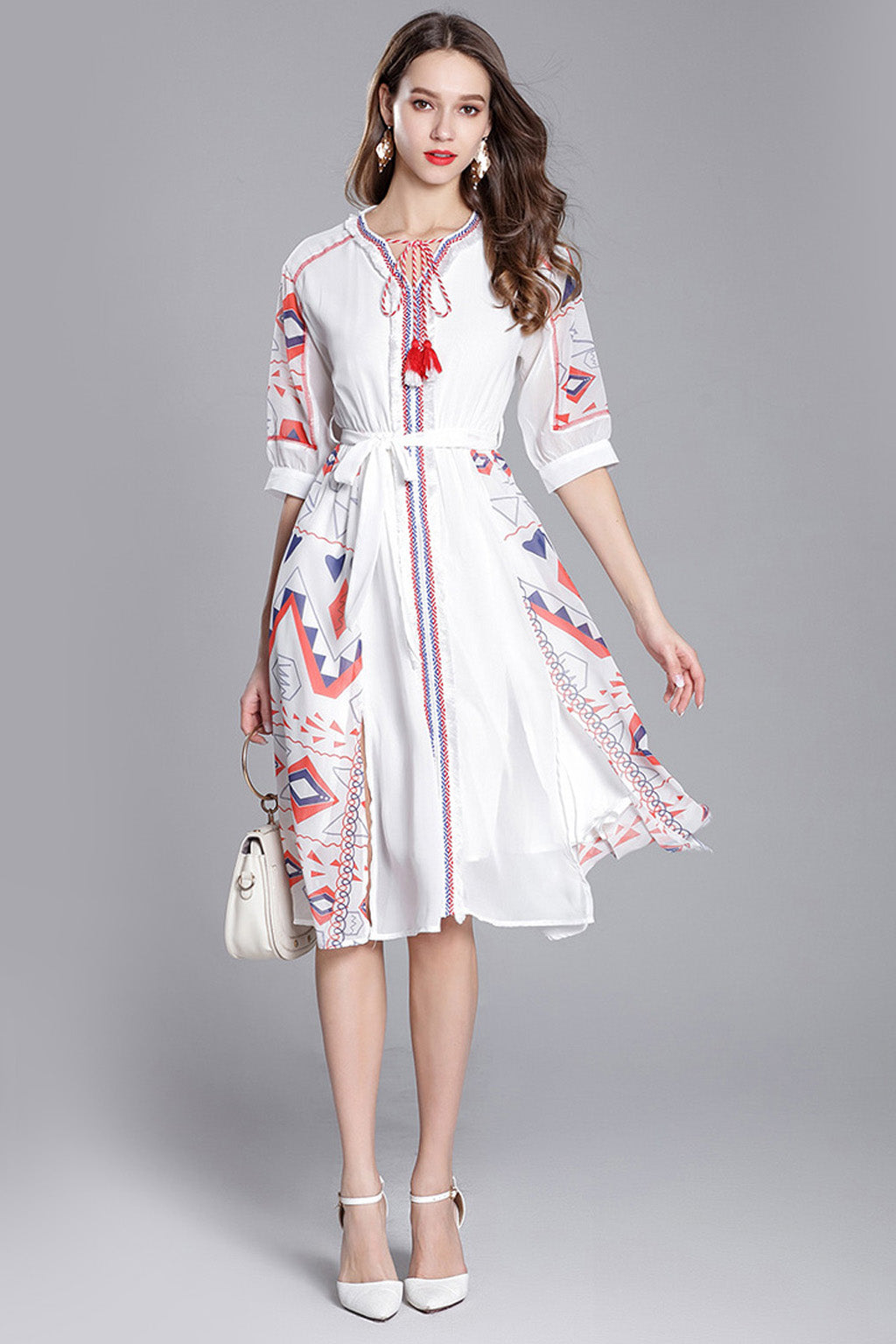 Mexican Embroidered Peasant Chiffon Midi Dress in White