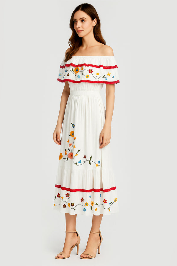 Off Shoulder Ruffle Floral Embroidered Dress in White