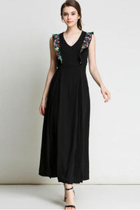 Naomi Floral Embroidered Plunging Neck Calf-length Dress