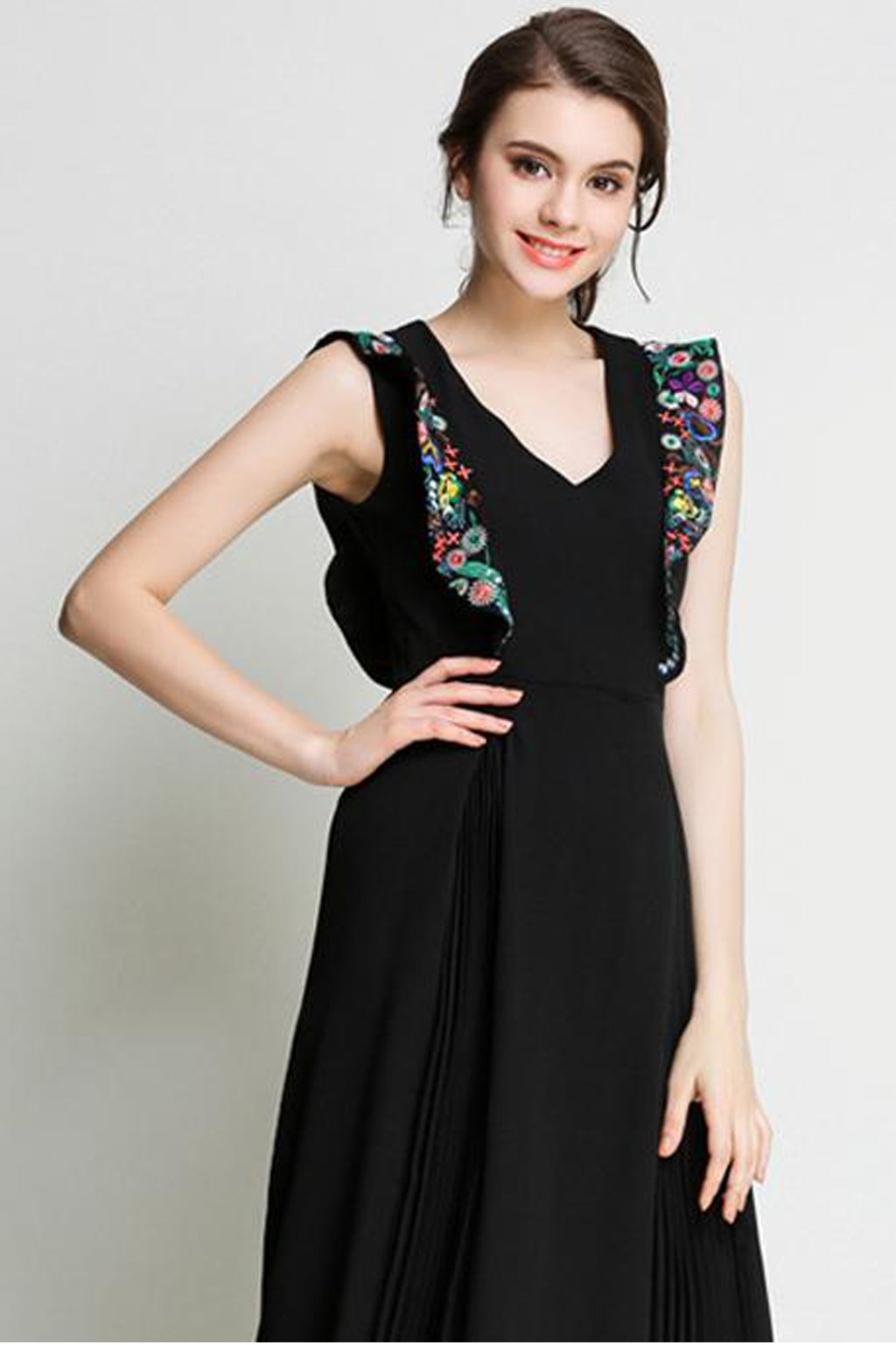 Naomi Floral Embroidered Plunging Neck Calf-length Dress