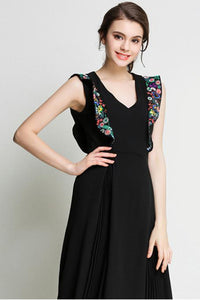 Naomi Floral Embroidered Plunging Neck Calf-length Dress