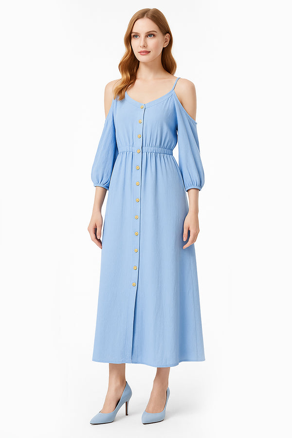 Spaghetti Strap Cold Shoulder Maxi Dress with Front Gold Button