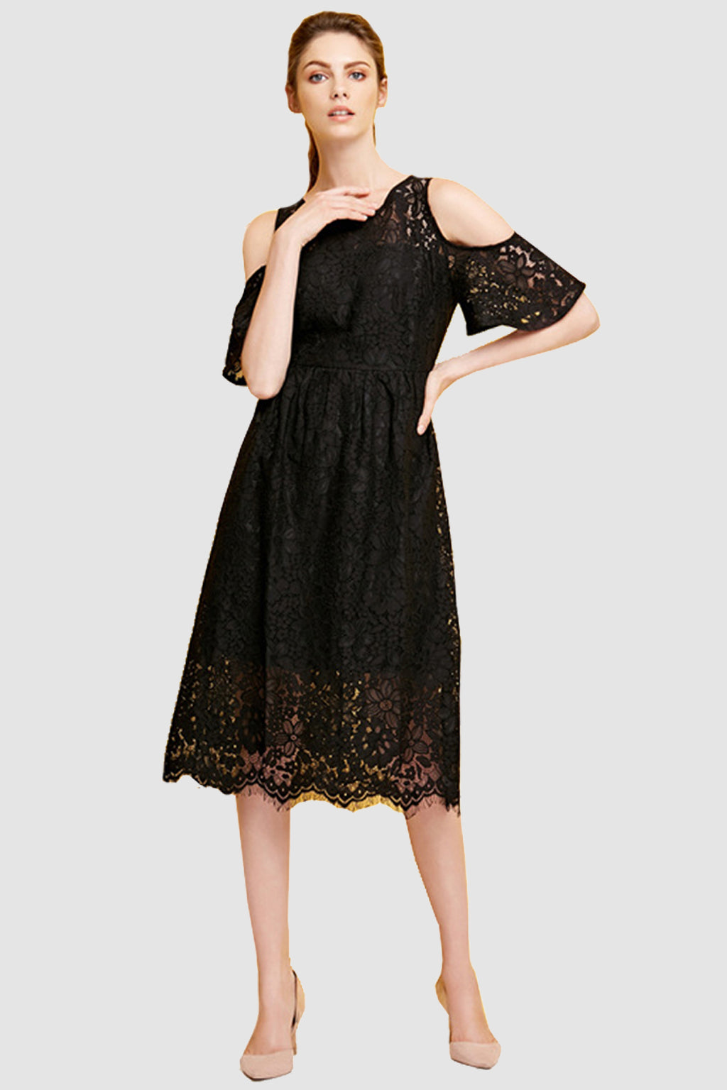 Crochet Black Cold Shoulder A-line Midi Dress