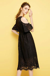 Crochet Black Cold Shoulder A-line Midi Dress