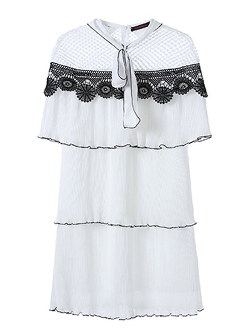 Pussy-bow Pleated Gazar & Guipure Lace Cape Mini Dress
