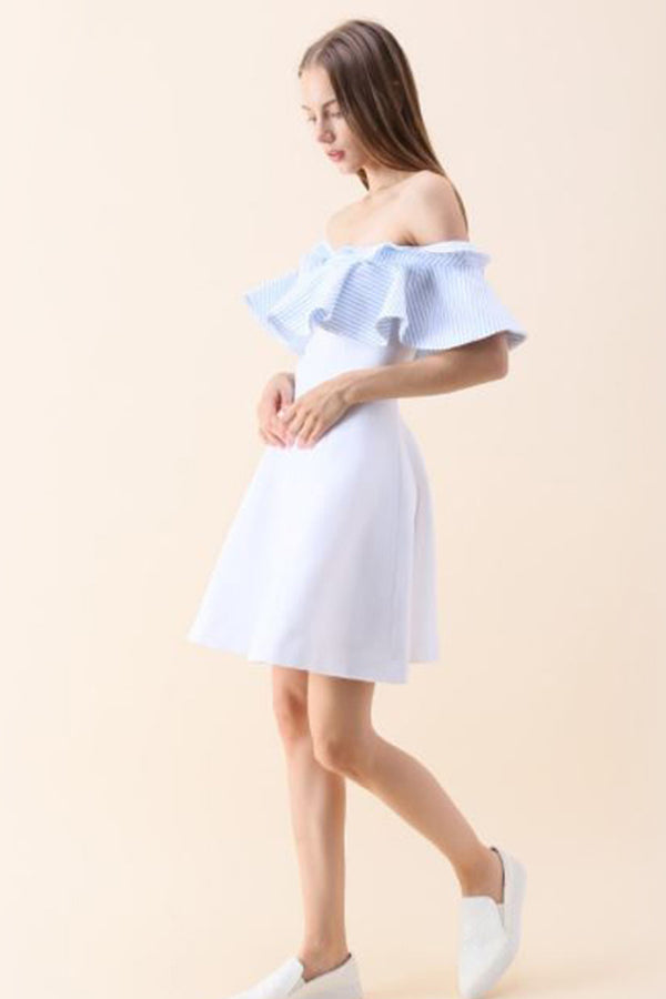 Two-tone Ruffle Off Shoulder Flared Party Dress
