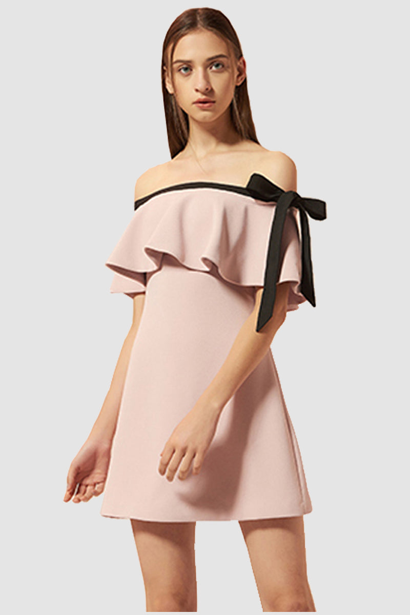 Off Shoulder Shift Dress with Tie Detail in Light Pink