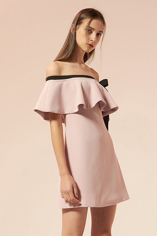 Off Shoulder Shift Dress with Tie Detail in Light Pink