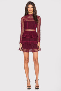High Neck Tiered Lace Mini Party Dress in Burgundy