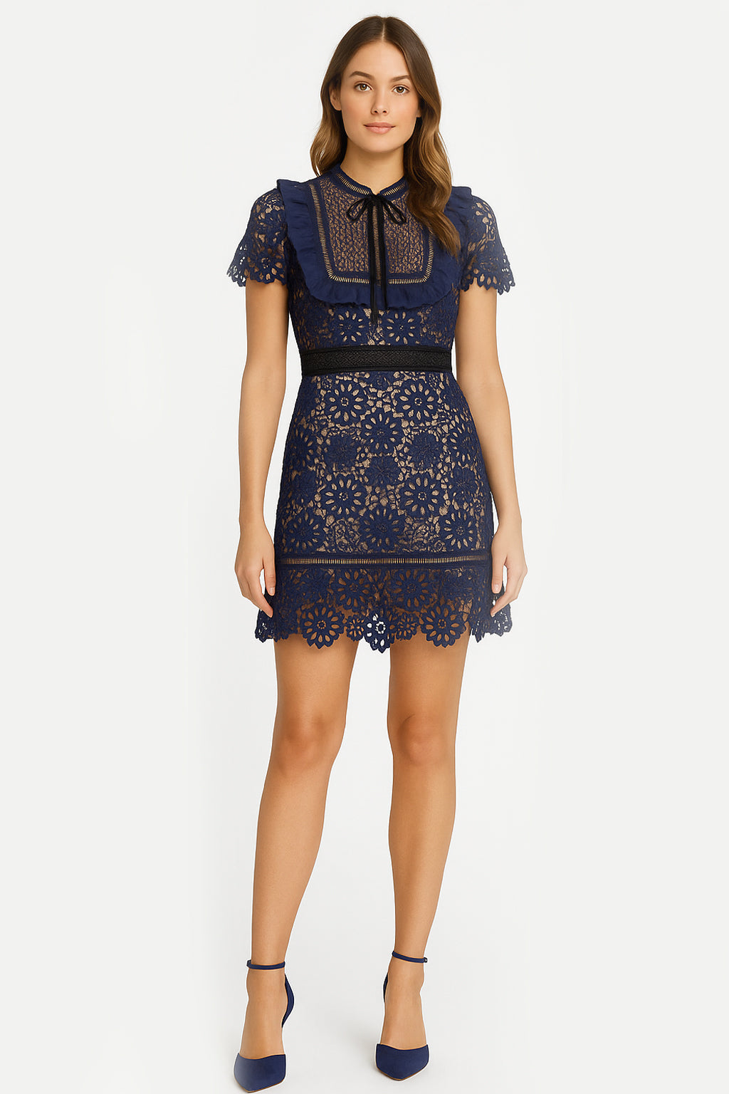 Floral Daisy Crochet Lace Mini Dress in Navy
