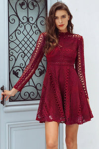 High Neck Crochet Lace Skater Dress - Burgundy