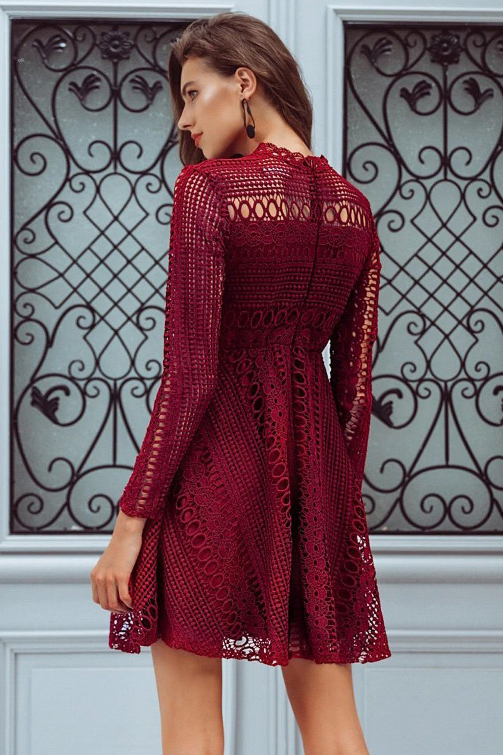 High Neck Crochet Lace Skater Dress - Burgundy
