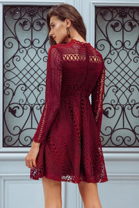 High Neck Crochet Lace Skater Dress - Burgundy