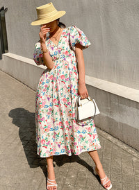 Puffy Short Sleeve Floral Print Cotton Fit-and-Flare Midi Dress