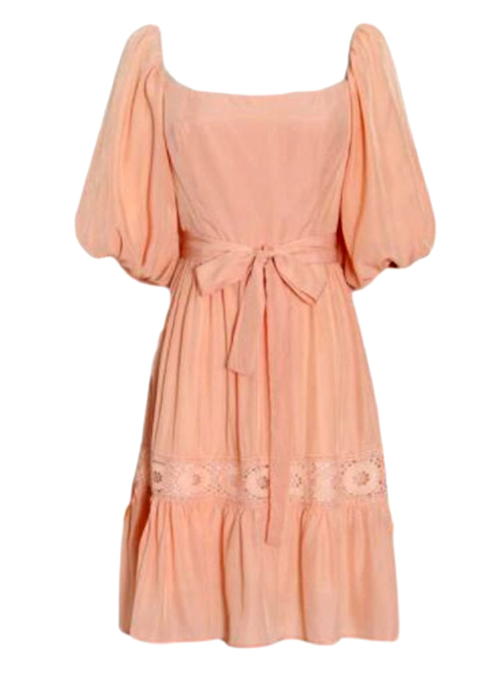 Square Neck Puffy Sleeve Lace Trimmed Belted Dress in Coral