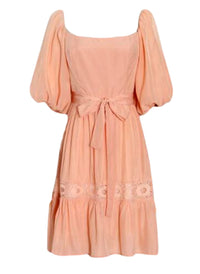 Square Neck Puffy Sleeve Lace Trimmed Belted Dress in Coral