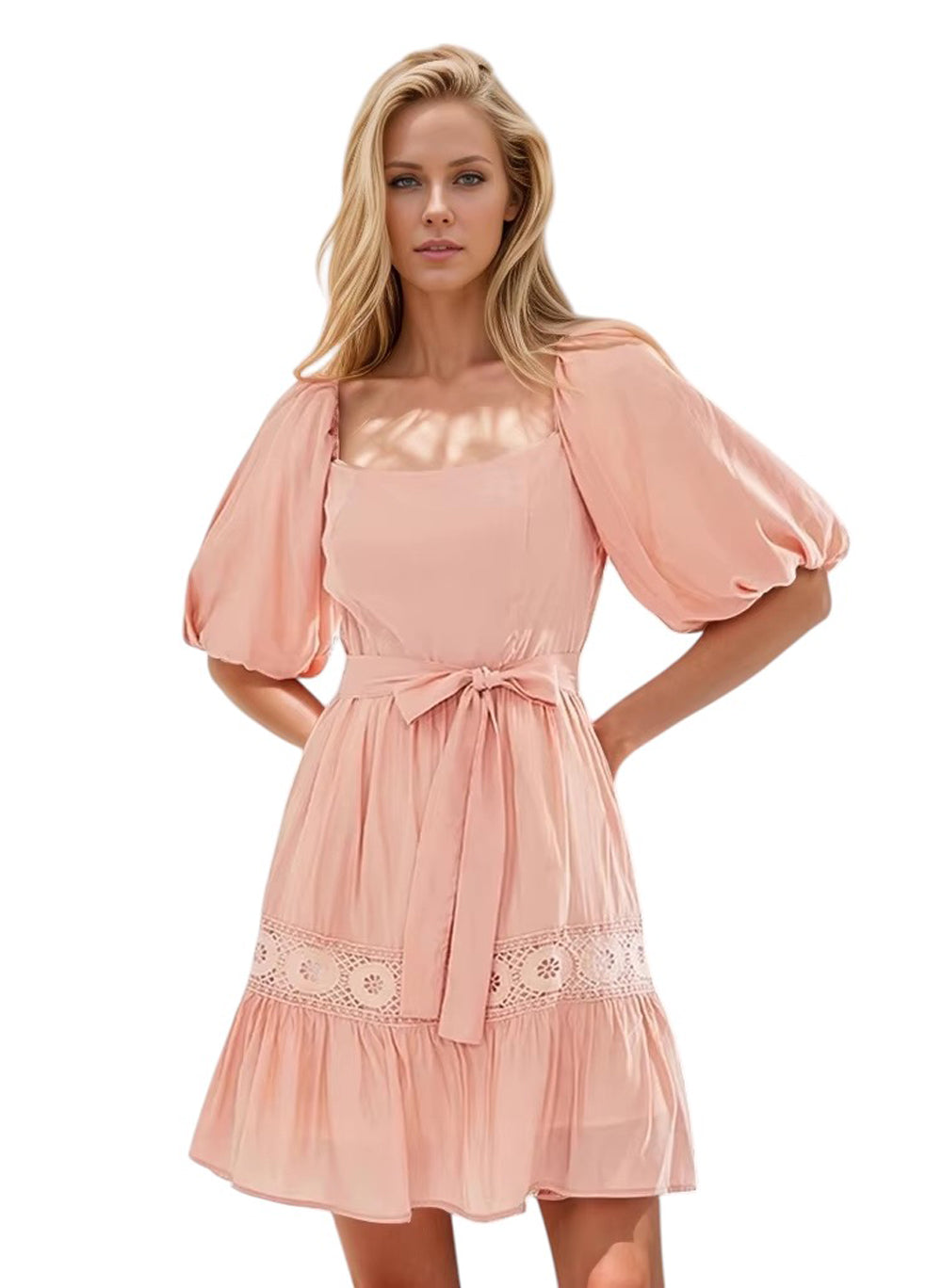 Square Neck Puffy Sleeve Lace Trimmed Belted Dress in Coral