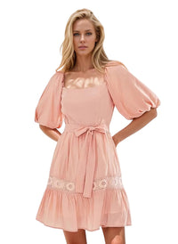 Square Neck Puffy Sleeve Lace Trimmed Belted Dress in Coral