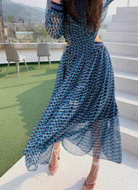Flowy Chiffon High Neck Cut-out Waist Pleated Dress