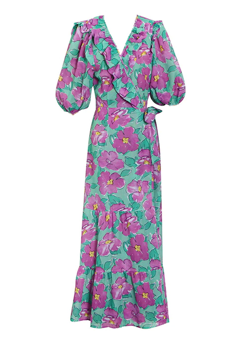 Puffy Sleeve Ruffled V-neck Floral Print Wrap Dress
