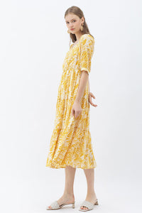 Sweetheart Neck Palm Leaf Print Tiered Maxi Dress in Mustard