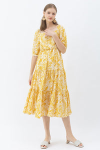Sweetheart Neck Palm Leaf Print Tiered Maxi Dress in Mustard