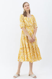 Sweetheart Neck Palm Leaf Print Tiered Maxi Dress in Mustard