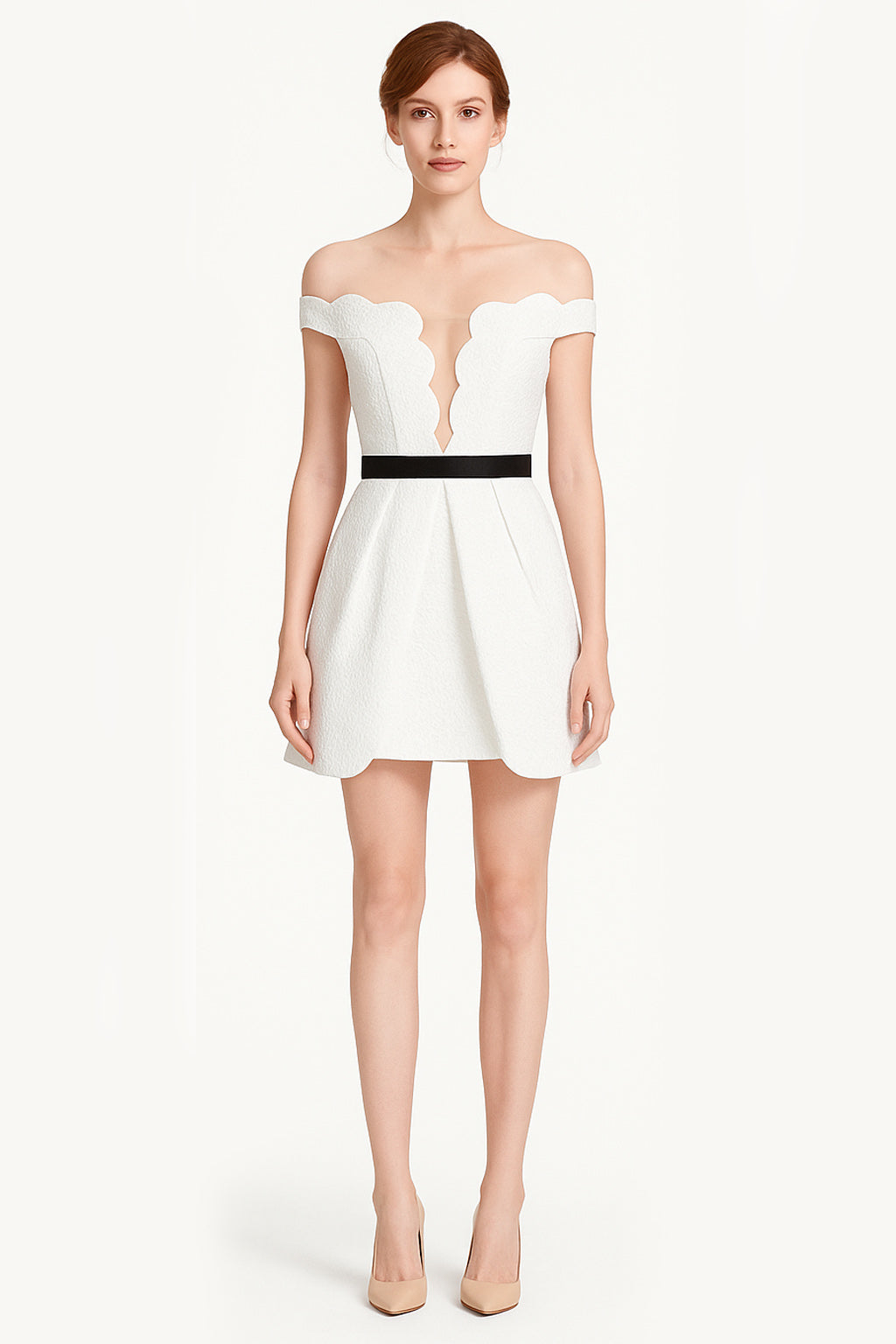 EMMA Scalloped Off Shoulder Party Dress in Off White