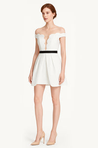 EMMA Scalloped Off Shoulder Party Dress in Off White