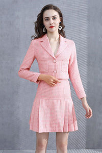 Tweed Crop Jacket & Pleated A-line Skirt Two-piece Set in Pink
