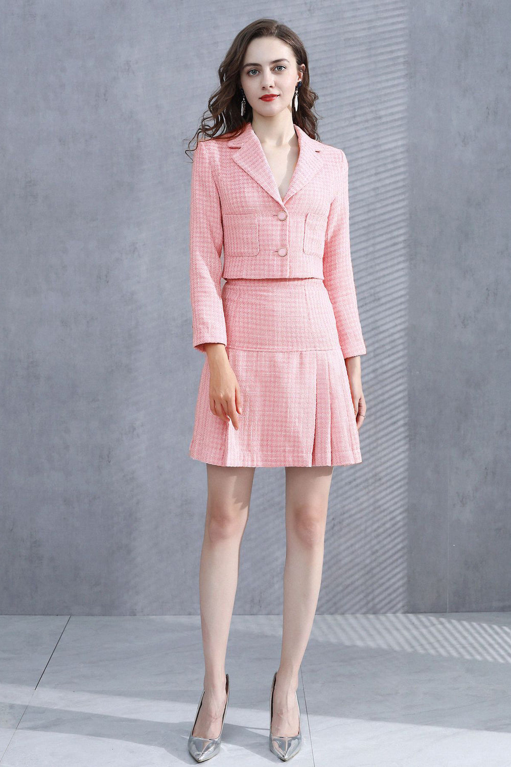 Tweed Crop Jacket Pleated A-line Skirt Two-piece Set in Pink