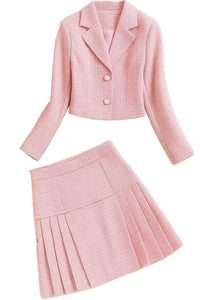 Tweed Crop Jacket & Pleated A-line Skirt Two-piece Set in Pink