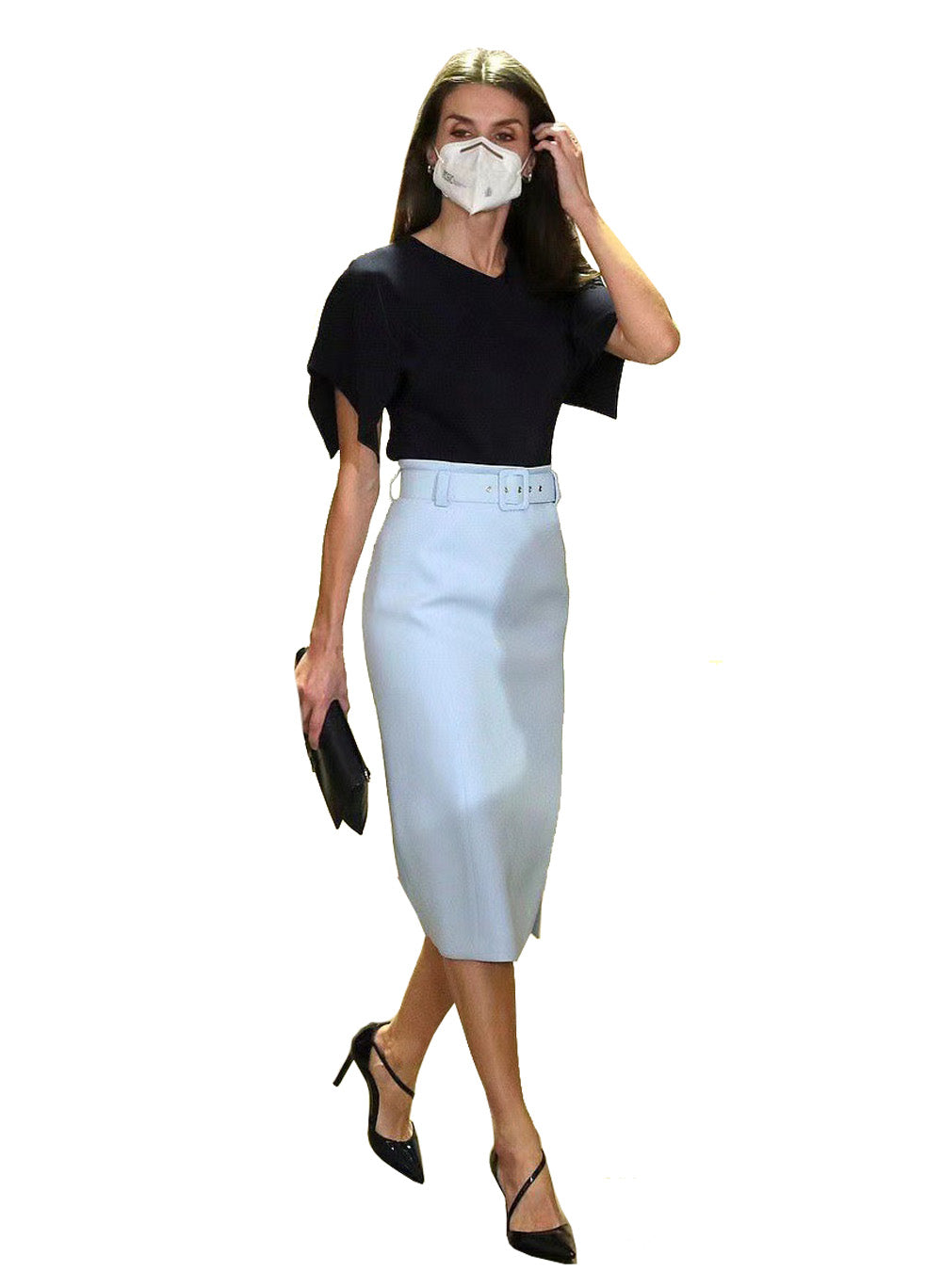 Queen Letizia Inspired Navy Slit Short Sleeve Blouse High Waisted Pe Celebrity Designz