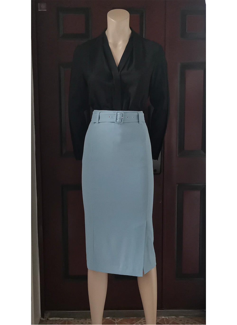 Queen Letizia Inspired Navy Slit Short Sleeve Blouse High Waisted Pe Celebrity Designz