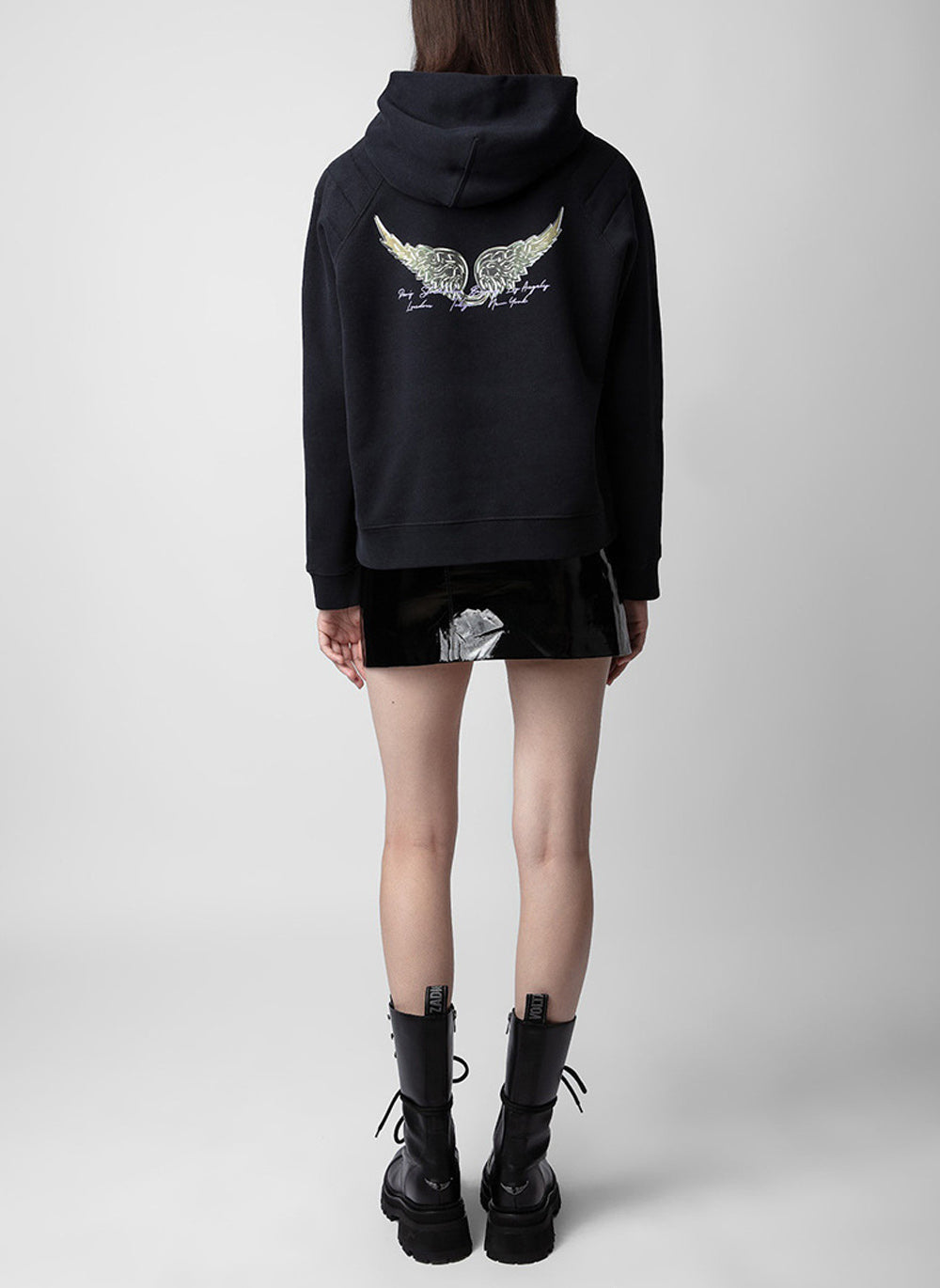 Black Oversized 100% Cotton Fleece Hoodie with Angel Wing Back Print