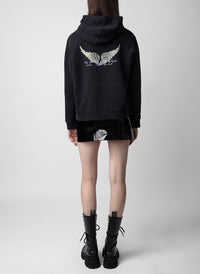 Black Oversized 100% Cotton Fleece Hoodie with Angel Wing Back Print