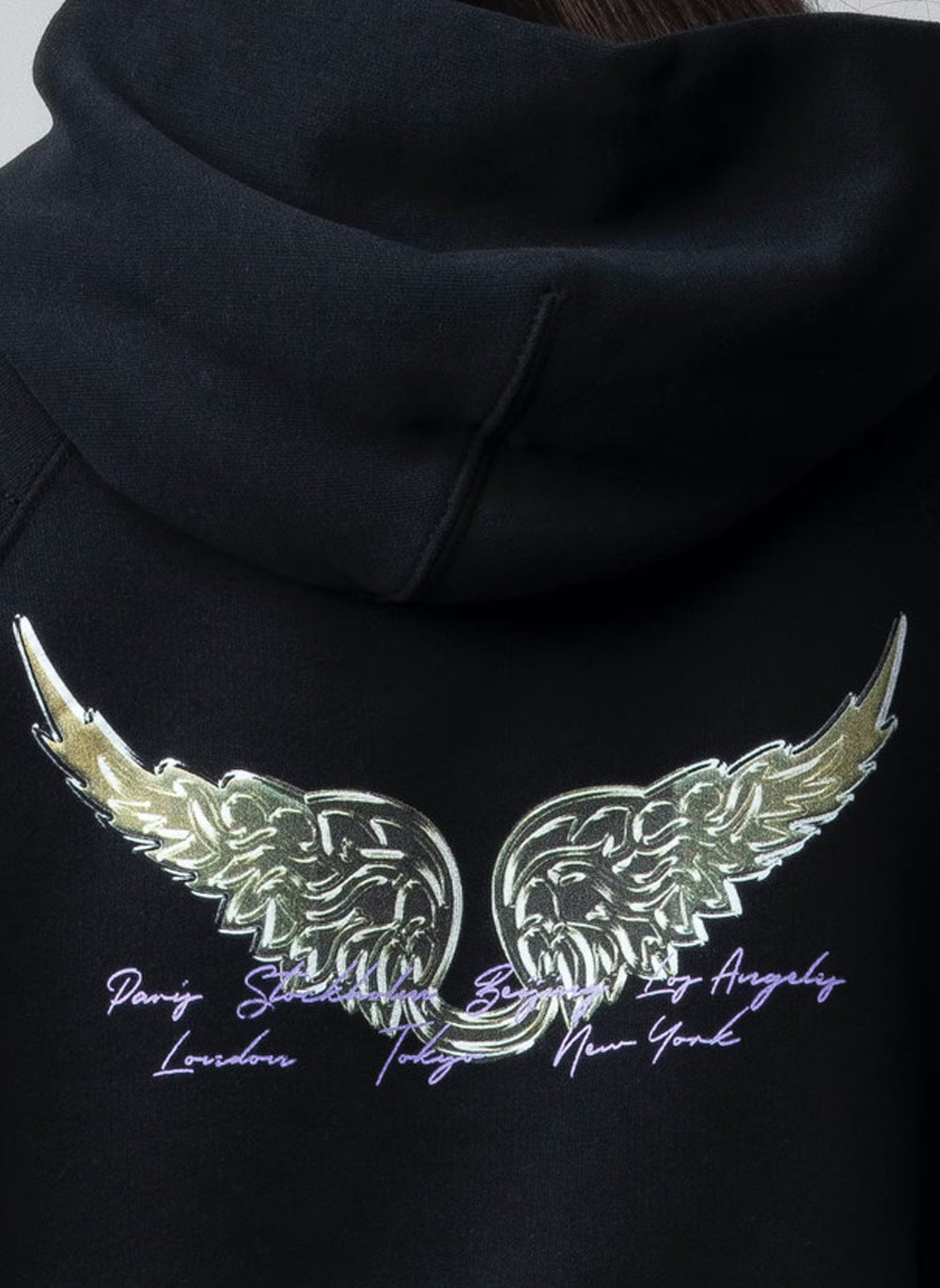 Black Oversized 100% Cotton Fleece Hoodie with Angel Wing Back Print
