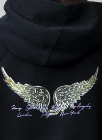 Black Oversized 100% Cotton Fleece Hoodie with Angel Wing Back Print