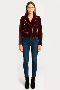 Semi-crop Belted Suede Biker Jacket in Burgundy
