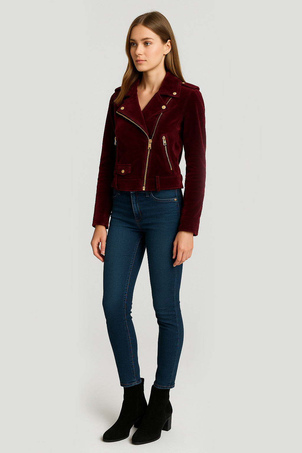 Semi-crop Belted Suede Biker Jacket in Burgundy